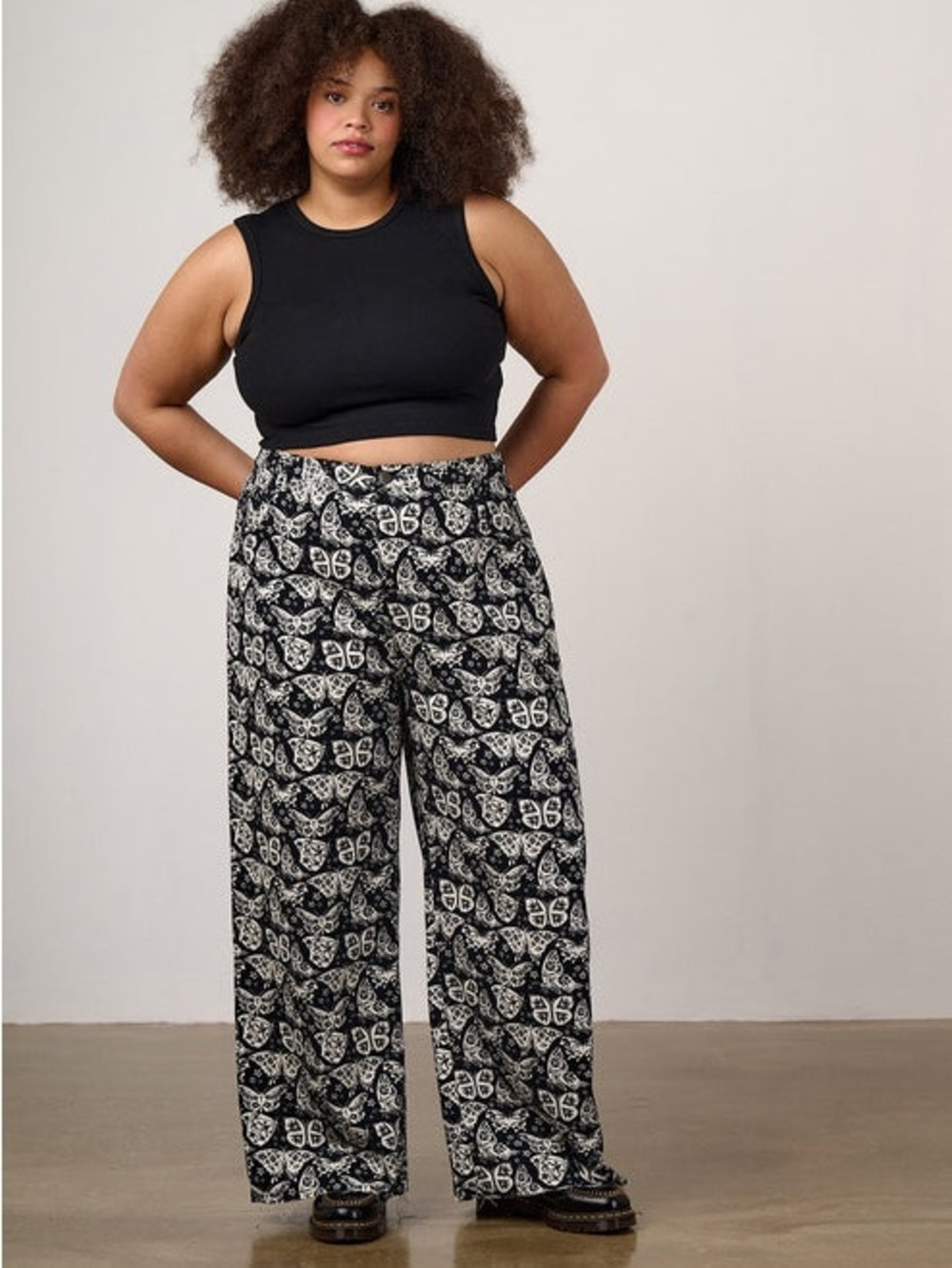 High Waisted Cotton Trousers in Black & White Butterfly Print